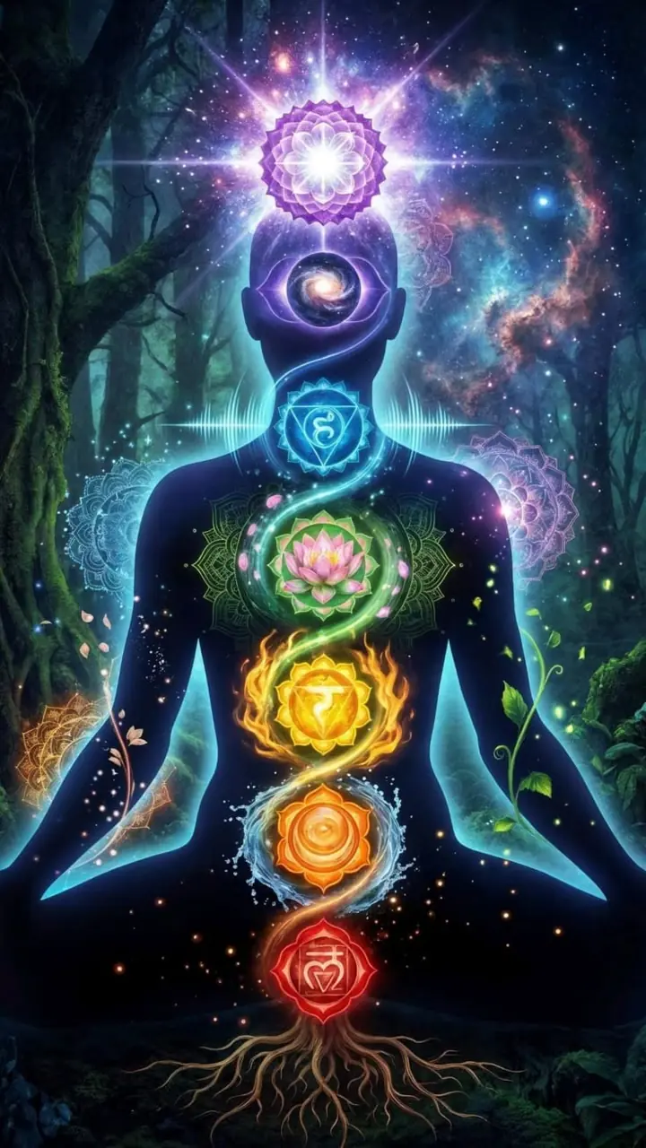 Illustration of a meditating figure with the seven chakras glowing along the spine