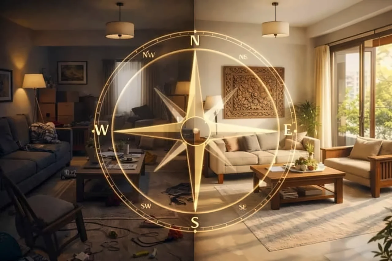 A living room overlaid with a Vastu compass showing the directions